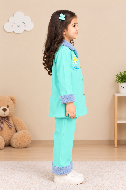 Girls’ Mint Green Two-Piece Set with Blue Plush Trim