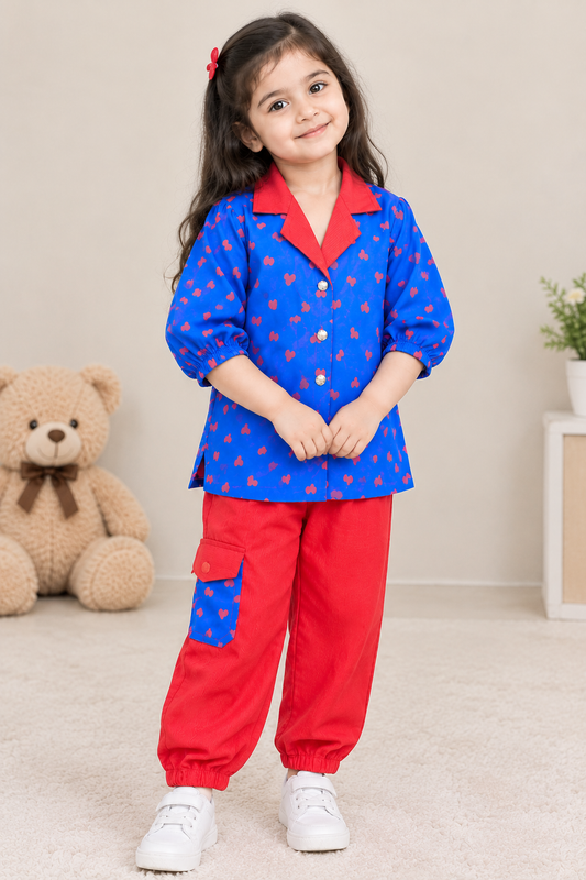 Girls’ Blue Heart-Print Shirt & Red Cargo Jogger Set