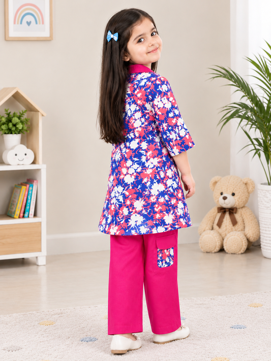 Girls’ Blue Floral & Fuchsia Two-Piece Set