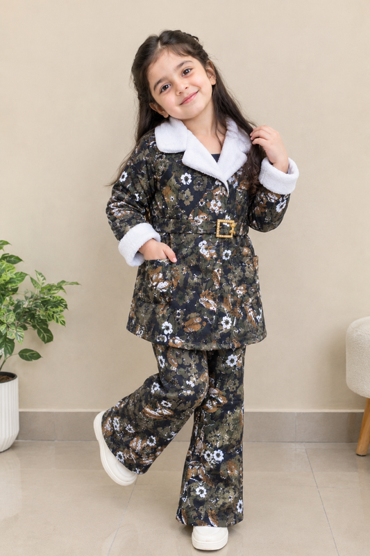 Girls’ Floral Belted Coat & Trouser Set