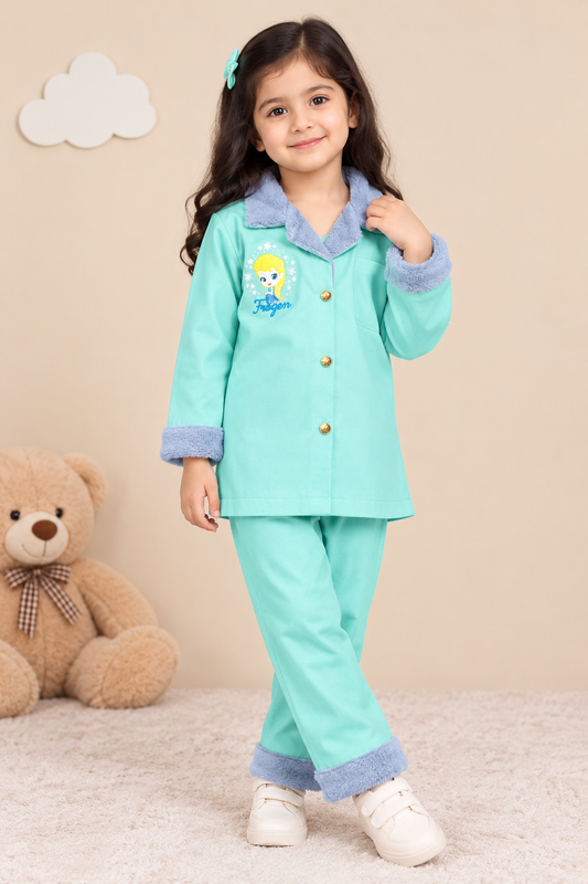 Girls’ Mint Green Two-Piece Set with Blue Plush Trim