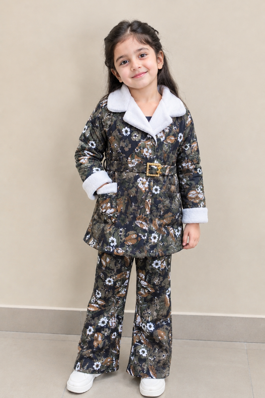 Girls’ Floral Belted Coat & Trouser Set