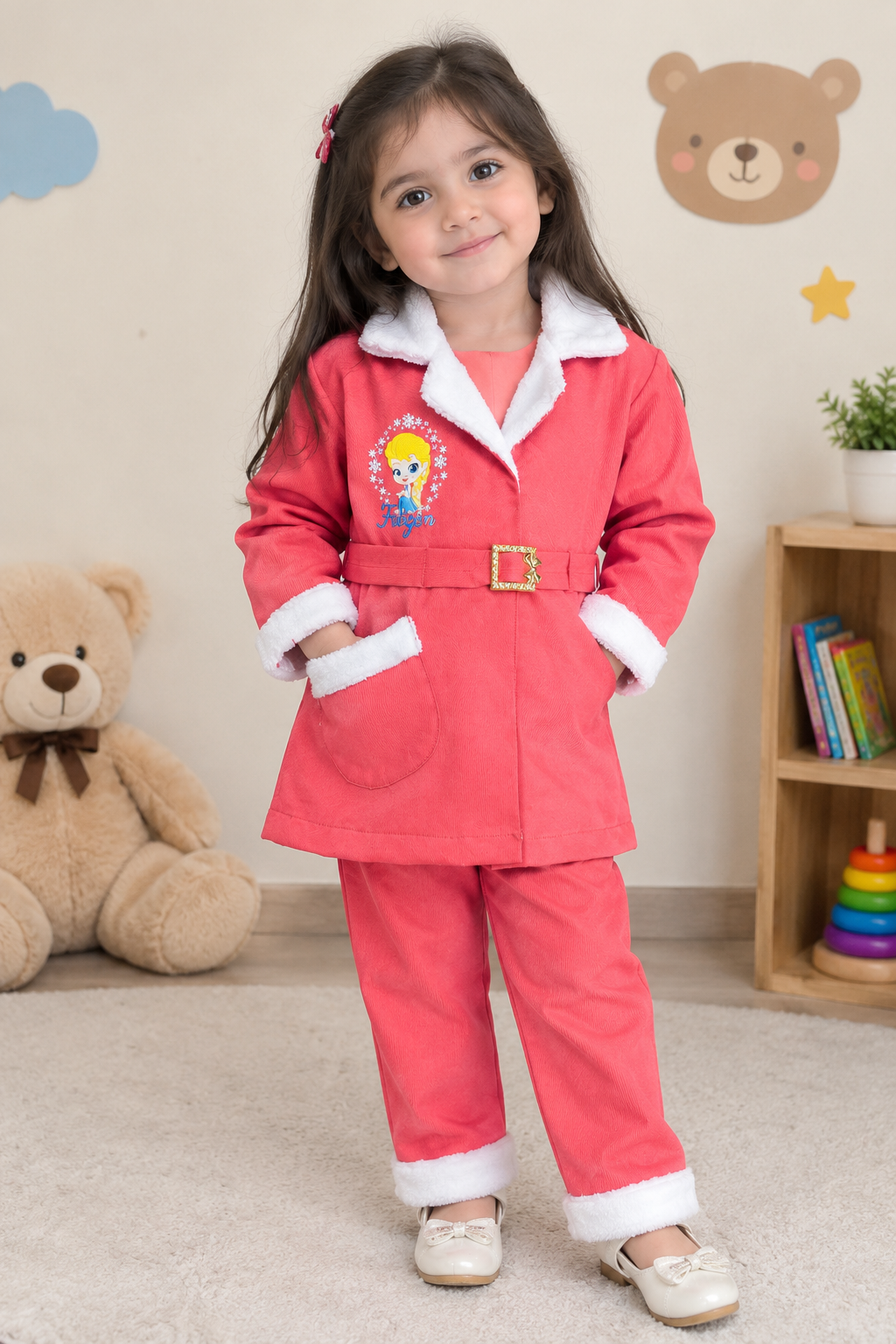 Front view of girls’ coral pink belted coat and matching trousers with white trim