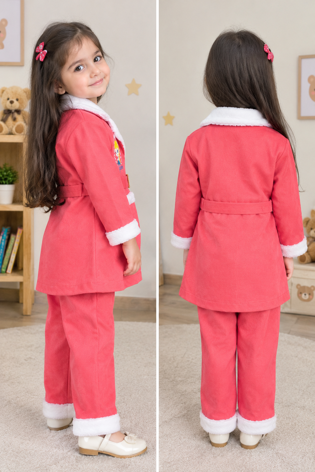 Side and back views of girls’ coral pink coat and trouser set