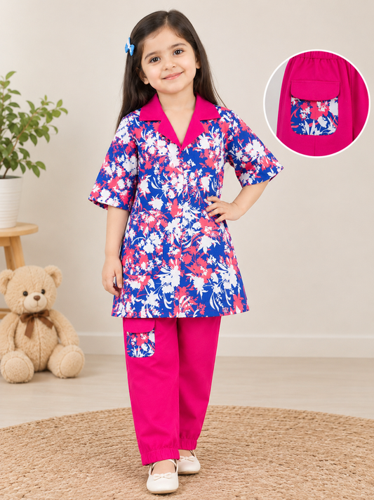 Girls’ Blue Floral & Fuchsia Two-Piece Set