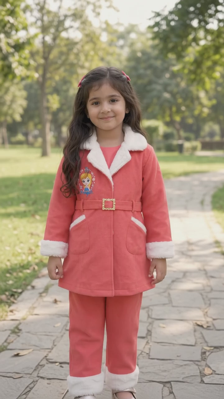 Girls’ Coral Pink Belted Coat & Trouser Set