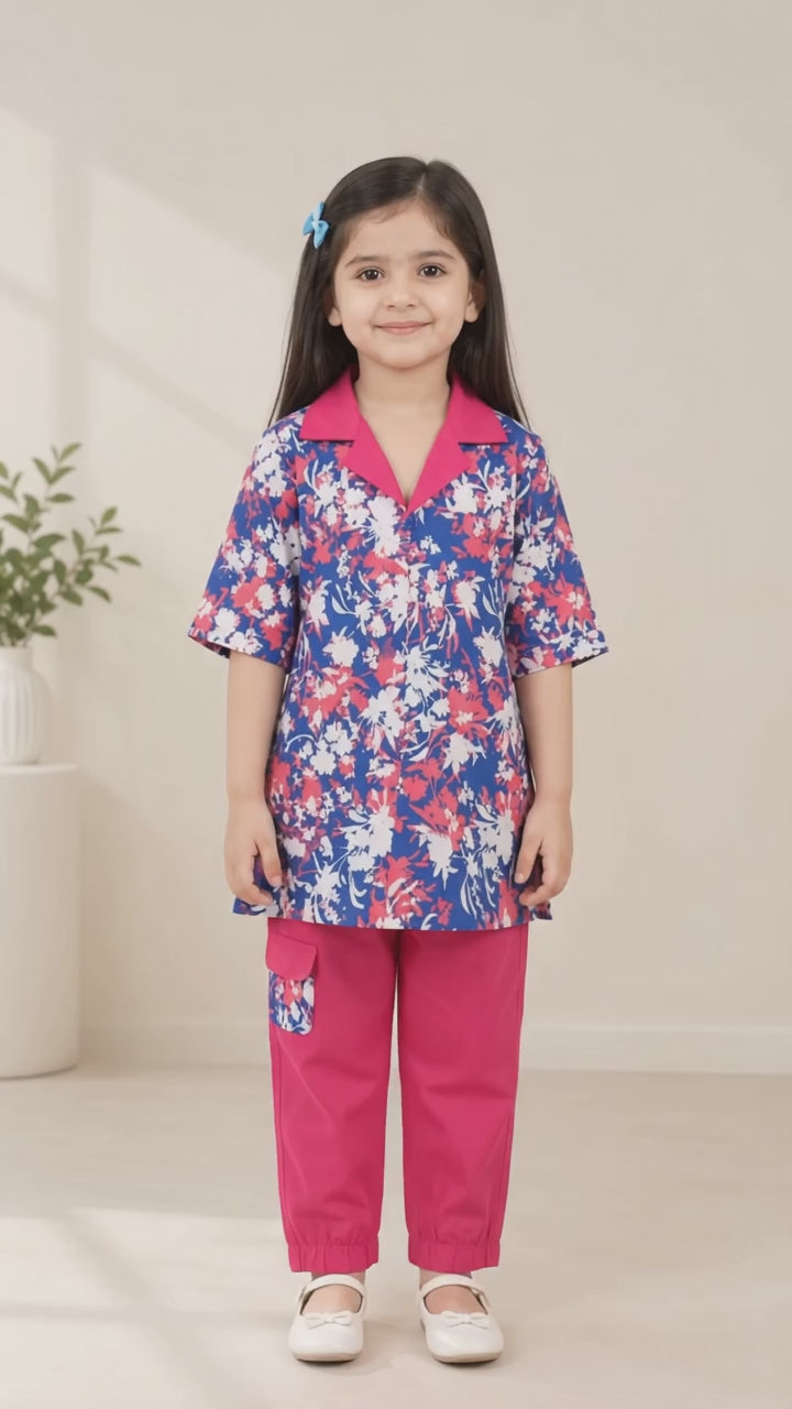 Girls’ Blue Floral & Fuchsia Two-Piece Set