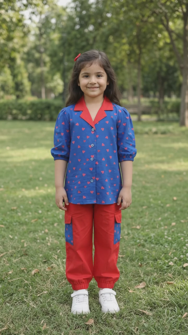 Girls’ Blue Heart-Print Shirt & Red Cargo Jogger Set
