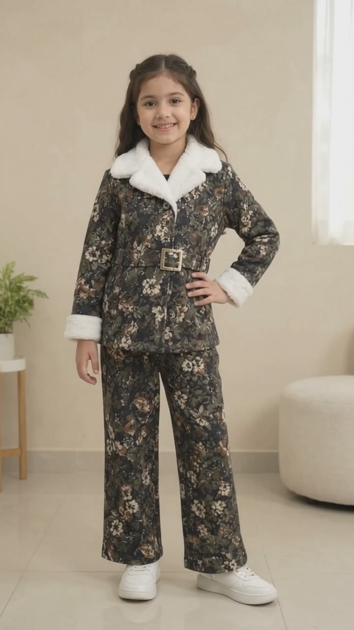 Girls’ Floral Belted Coat & Trouser Set