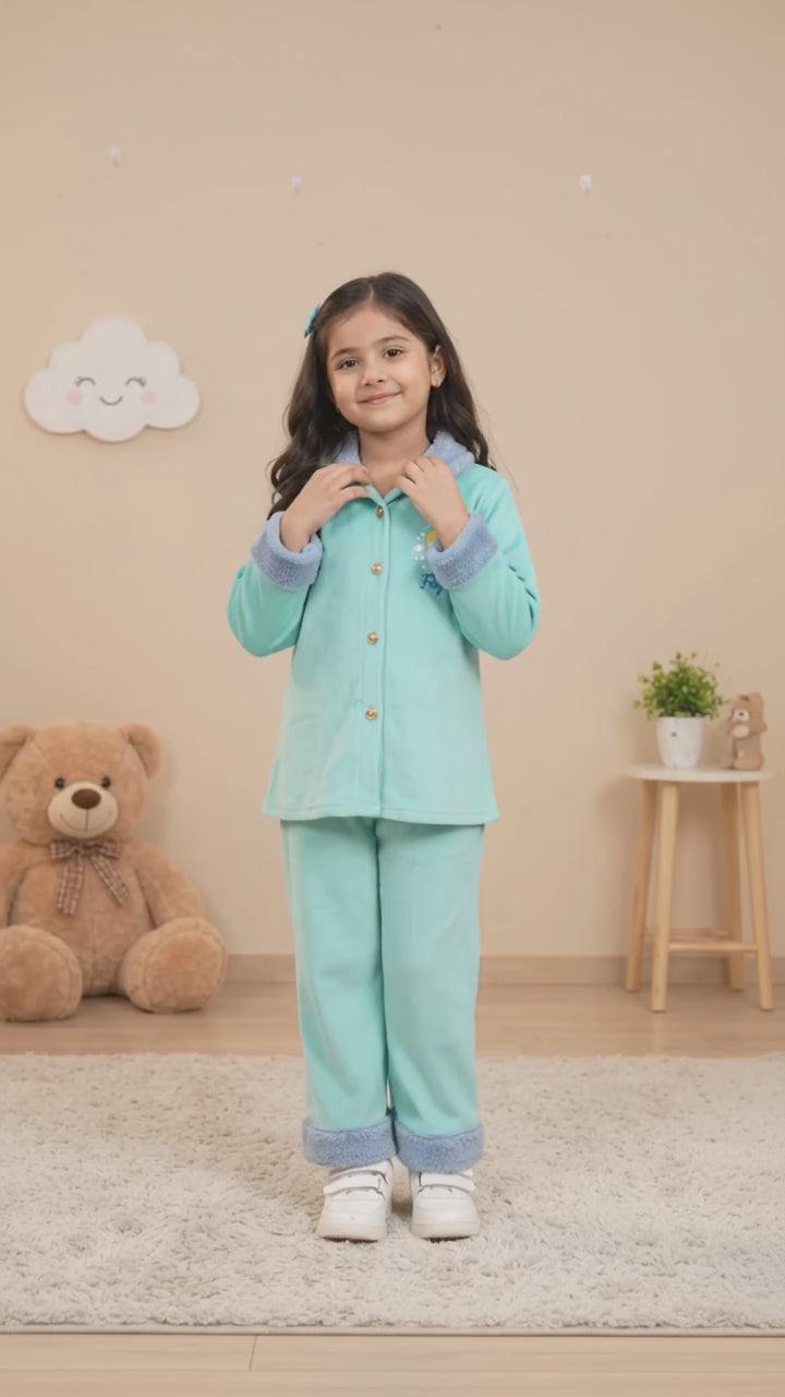 Girls’ Mint Green Two-Piece Set with Blue Plush Trim